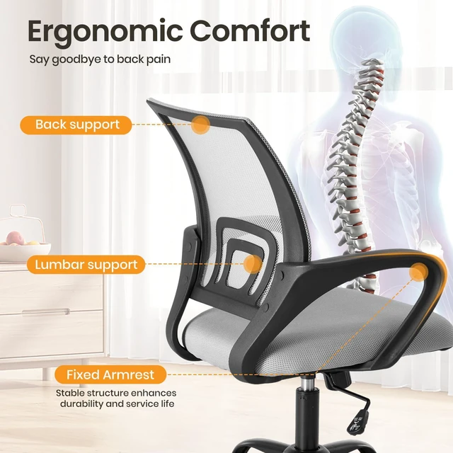 Alt view image 4 of 7 - Ergonomic Office Chair 2 Pack, Home Desk Mesh Chairs, Lumbar Support Height Adjustable, Fixed Armrest, Rocking Mode, 360 Swivel, 2 Pack Home, Grey