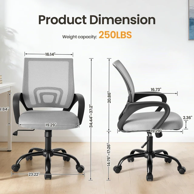 Alt view image 3 of 7 - Ergonomic Office Chair 2 Pack, Home Desk Mesh Chairs, Lumbar Support Height Adjustable, Fixed Armrest, Rocking Mode, 360 Swivel, 2 Pack Home, Grey