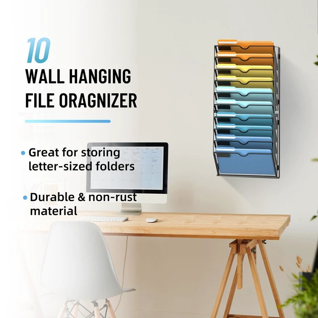 Alt view image 2 of 7 - 10-Tier Hanging Wall File Organizer with Hooks, 2 Pack Mesh Wall File Holder, Mail Organizer Wall Mounted for Papers, Documents, Folders and Magazines in Home Office, Classroom