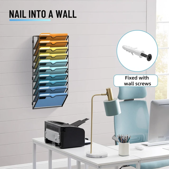 Alt view image 5 of 7 - 10-Tier Hanging Wall File Organizer with Hooks, 2 Pack Mesh Wall File Holder, Mail Organizer Wall Mounted for Papers, Documents, Folders and Magazines in Home Office, Classroom