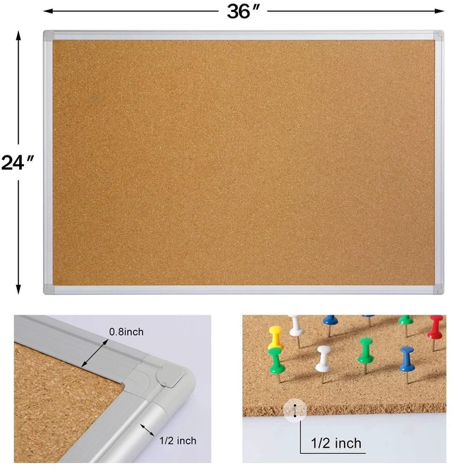 Alt view image 3 of 7 - Cork Board Bulletin Board 24 x 36, Silver Aluminium Framed 2x3 Corkboard, Office Board for Wall Cork, Large Wall Mounted Notice Pin Board