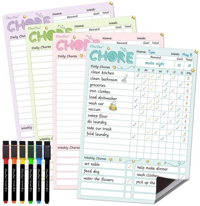 Main image of Magnetic Dry Erase Chore Chart - 8.5"x12" Behavior Responsibility Chore Board for Kids, Teenagers - 6 Extra Fine Point Markers Included - Shipped Flat 4 Pcs