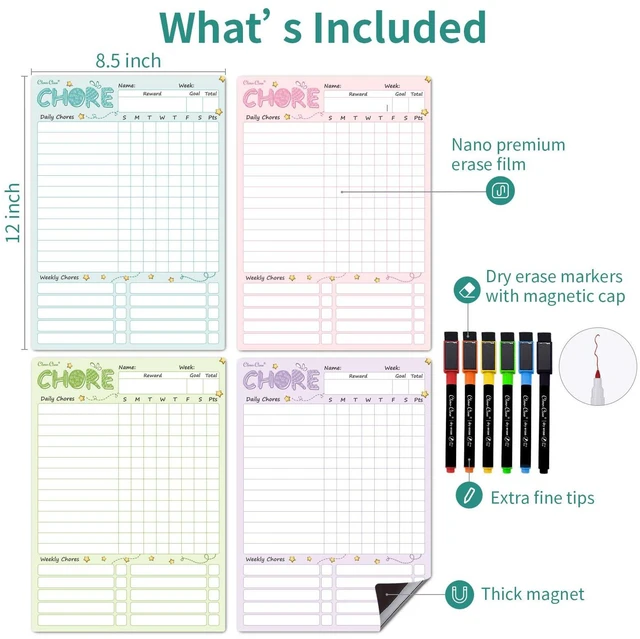 Alt view image 2 of 6 - Magnetic Dry Erase Chore Chart - 8.5"x12" Behavior Responsibility Chore Board for Kids, Teenagers - 6 Extra Fine Point Markers Included - Shipped Flat 4 Pcs