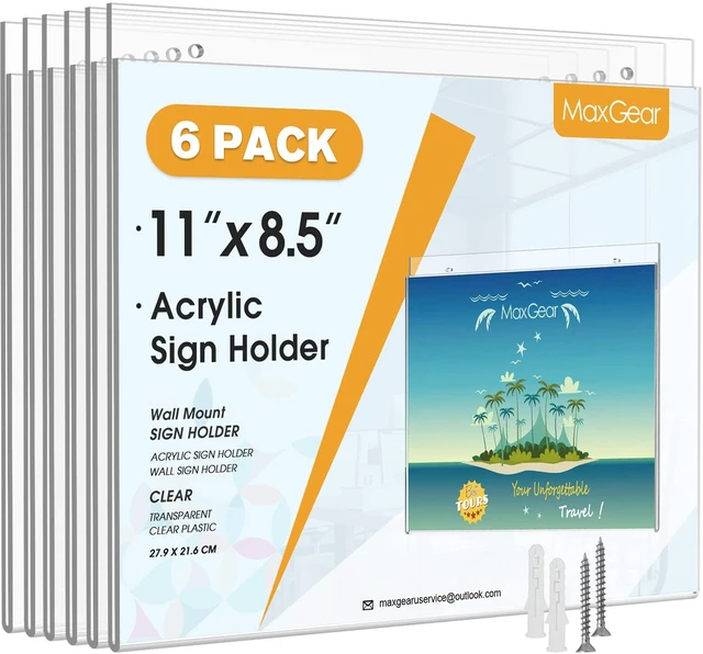 Main image of Wall Mount Sign Holder, 8.5 x 11 Landscape, 6 Pack Clear Acrylic Material, Easy Wall Installation with Included Screws and Pre-drilled Holes, Ideal for for Signs and Notices
