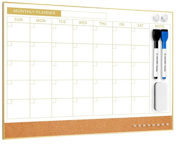 Main image of Dry Erase Calendar with Cork Board for Wall 11.6"x 15.7" Magnetic Calendar Whiteboard with Gold Frame, Monthly Combination Board for School, Home, Office