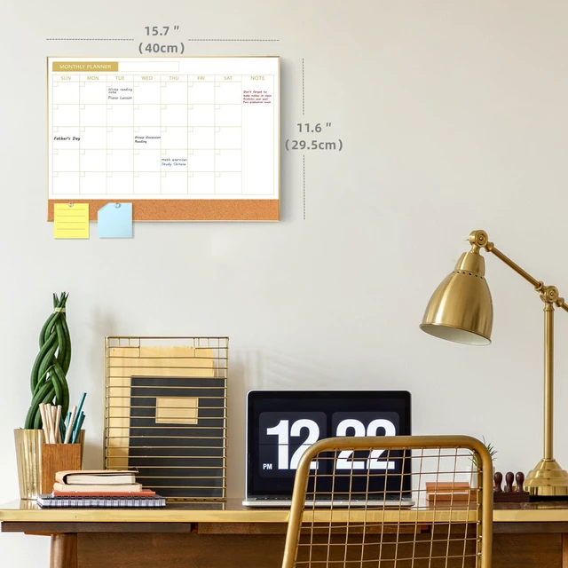 Alt view image 2 of 7 - Dry Erase Calendar with Cork Board for Wall 11.6"x 15.7" Magnetic Calendar Whiteboard with Gold Frame, Monthly Combination Board for School, Home, Office