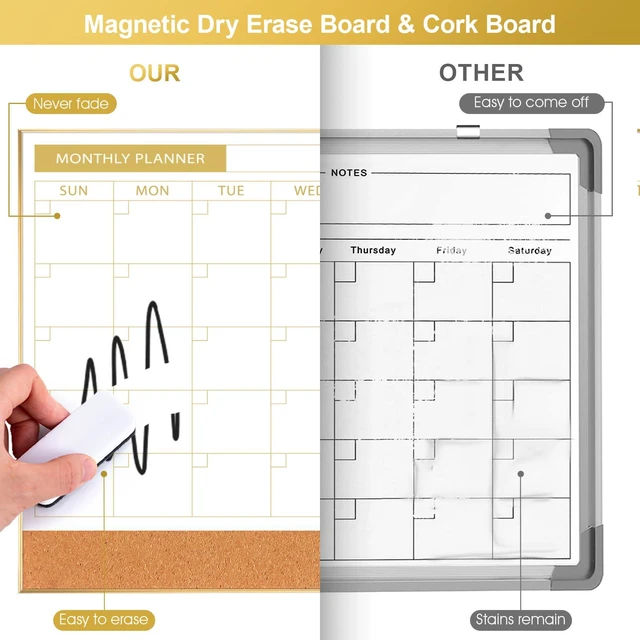 Alt view image 4 of 7 - Dry Erase Calendar with Cork Board for Wall 11.6"x 15.7" Magnetic Calendar Whiteboard with Gold Frame, Monthly Combination Board for School, Home, Office