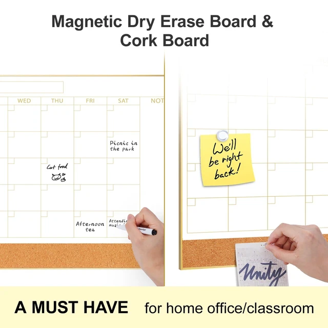 Alt view image 5 of 7 - Dry Erase Calendar with Cork Board for Wall 11.6"x 15.7" Magnetic Calendar Whiteboard with Gold Frame, Monthly Combination Board for School, Home, Office