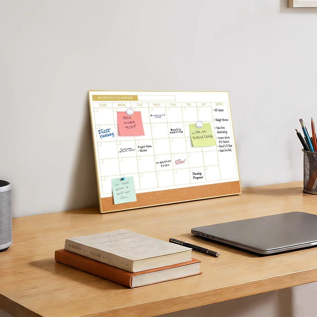Alt view image 6 of 7 - Dry Erase Calendar with Cork Board for Wall 11.6"x 15.7" Magnetic Calendar Whiteboard with Gold Frame, Monthly Combination Board for School, Home, Office
