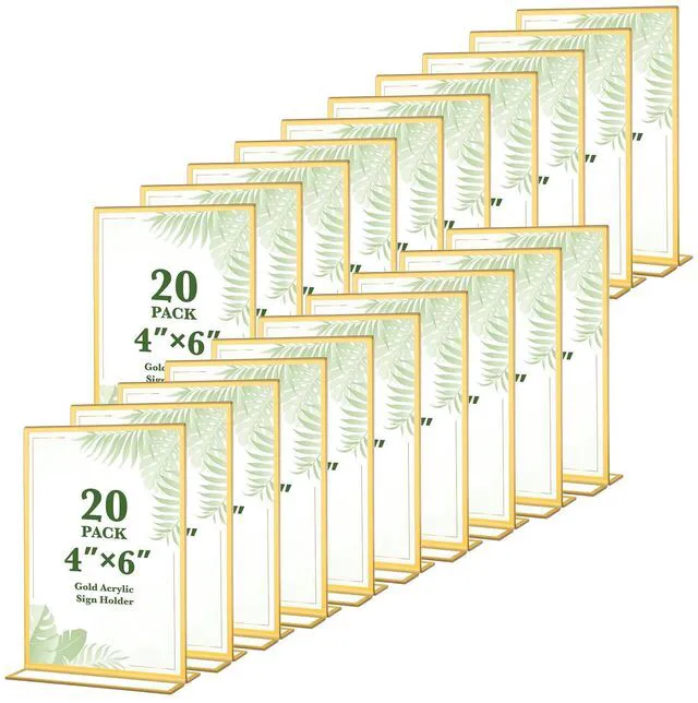 Main image of 20 Pack Gold Acrylic Sign Holders 4x6 Inch Gold Picture Frames Double Sided Vertical Stand Clear Picture Frames for Wedding Table Numbers, Restaurant Signs, Party and Office Photos