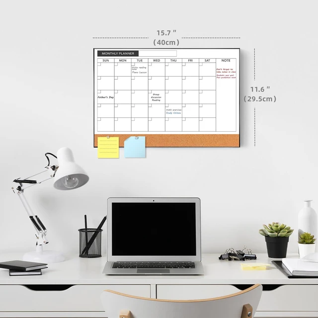 Alt view image 2 of 7 - Dry Erase Calendar with Cork Board for Wall 11.6"x 15.7" Magnetic Calendar Whiteboard with Black Frame, Monthly Combination Board for School, Home, Office