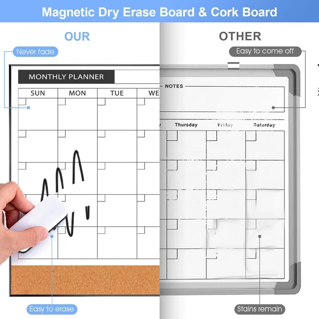 Alt view image 4 of 7 - Dry Erase Calendar with Cork Board for Wall 11.6"x 15.7" Magnetic Calendar Whiteboard with Black Frame, Monthly Combination Board for School, Home, Office