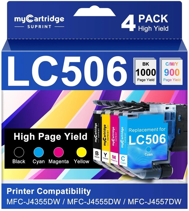 Main image of LC506 Ink Cartridges High Yield Compatible for Brother LC506 LC506XL LC 506 XL Work for Brother MFC-J4555DW MFC-J4355DW MFC-J4557DW Printer LC506 (4 Pack, Black, Cyan, Magenta, Yellow)