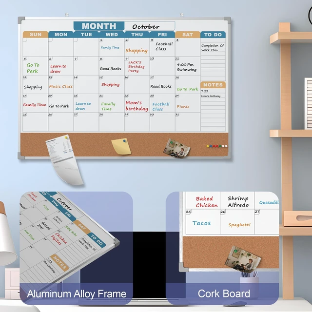Alt view image 4 of 7 - Monthly Calendar Dry Erase Board 36x24 Inch, Double-Sided Whiteboard and Corkboard Combo with Silver Aluminum Frame (Color Calendar), Wall Mounted Planer with Marker, Magnet, Push Pin, Eraser