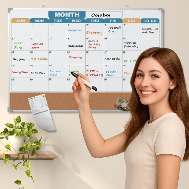 Alt view image 5 of 7 - Monthly Calendar Dry Erase Board 36x24 Inch, Double-Sided Whiteboard and Corkboard Combo with Silver Aluminum Frame (Color Calendar), Wall Mounted Planer with Marker, Magnet, Push Pin, Eraser