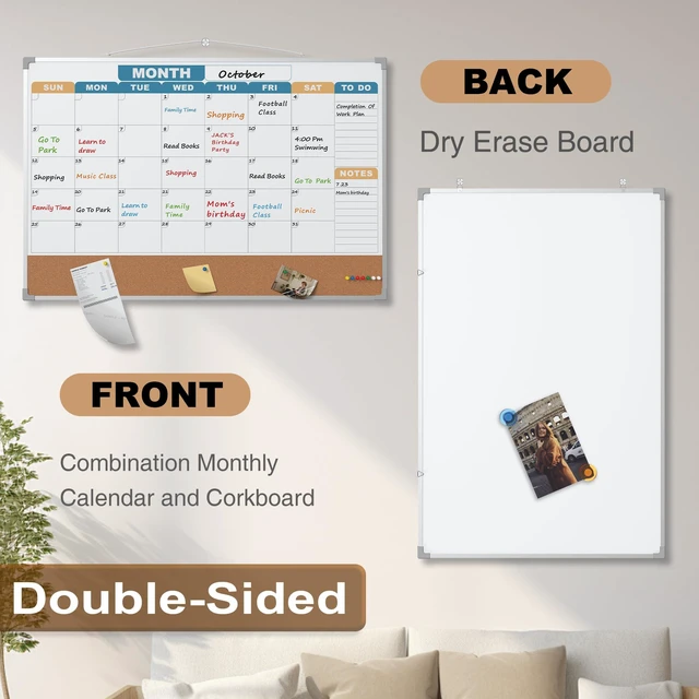 Alt view image 2 of 7 - Monthly Calendar Dry Erase Board 36x24 Inch, Double-Sided Whiteboard and Corkboard Combo with Silver Aluminum Frame (Color Calendar), Wall Mounted Planer with Marker, Magnet, Push Pin, Eraser