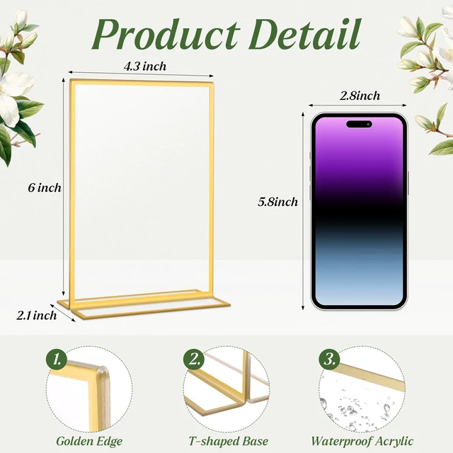 Alt view image 4 of 6 - 20 Pack Gold Acrylic Sign Holders 4x6 Inch Gold Picture Frames Double Sided Vertical Stand Clear Picture Frames for Wedding Table Numbers, Restaurant Signs, Party and Office Photos
