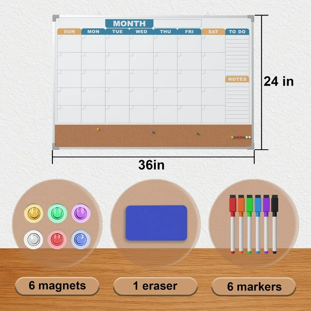 Alt view image 6 of 7 - Monthly Calendar Dry Erase Board 36x24 Inch, Double-Sided Whiteboard and Corkboard Combo with Silver Aluminum Frame (Color Calendar), Wall Mounted Planer with Marker, Magnet, Push Pin, Eraser