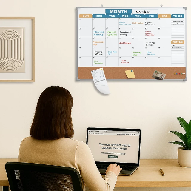Alt view image 7 of 7 - Monthly Calendar Dry Erase Board 36x24 Inch, Double-Sided Whiteboard and Corkboard Combo with Silver Aluminum Frame (Color Calendar), Wall Mounted Planer with Marker, Magnet, Push Pin, Eraser