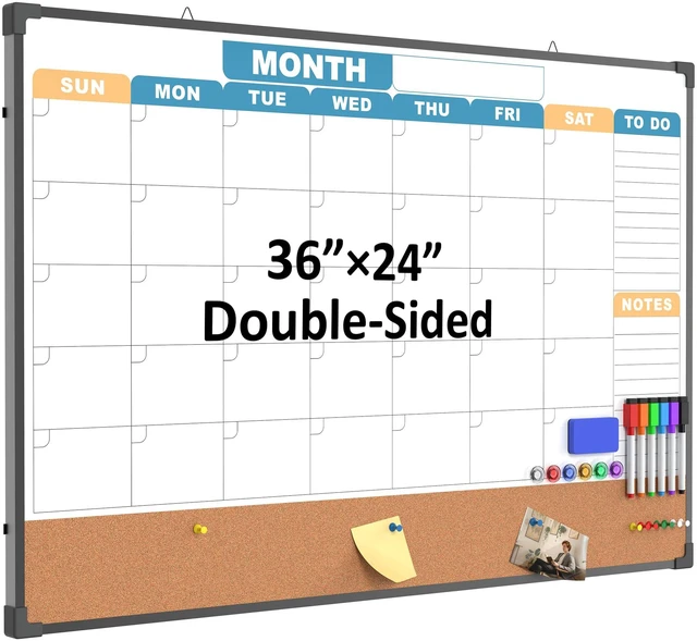 Main image of Monthly Calendar Dry Erase Board 36x24 Inch, Double-Sided Whiteboard and Corkboard Combo with Black Aluminum Frame (Color Calendar), Wall Mounted Planner with Marker, Magnet, Push Pin, Eraser