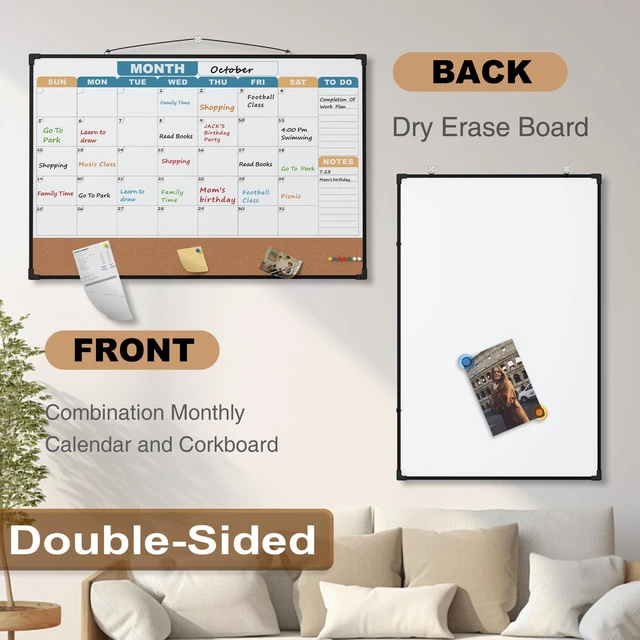 Alt view image 2 of 7 - Monthly Calendar Dry Erase Board 36x24 Inch, Double-Sided Whiteboard and Corkboard Combo with Black Aluminum Frame (Color Calendar), Wall Mounted Planner with Marker, Magnet, Push Pin, Eraser