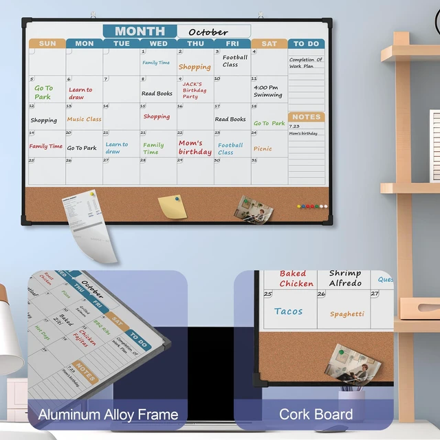 Alt view image 4 of 7 - Monthly Calendar Dry Erase Board 36x24 Inch, Double-Sided Whiteboard and Corkboard Combo with Black Aluminum Frame (Color Calendar), Wall Mounted Planner with Marker, Magnet, Push Pin, Eraser