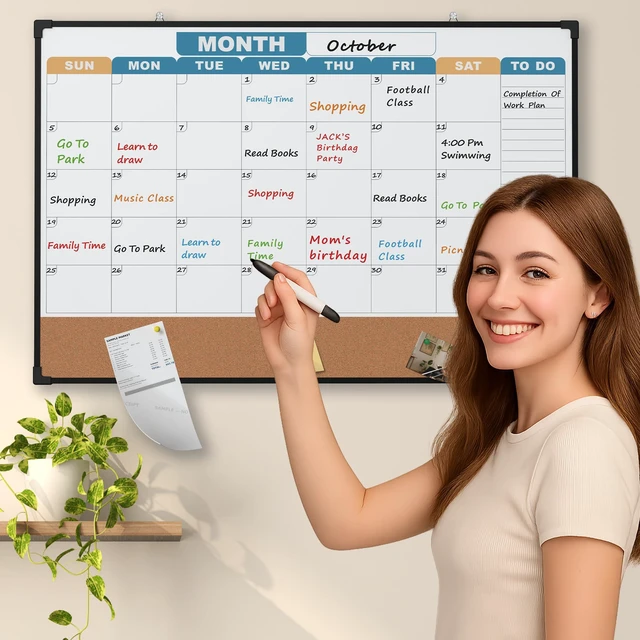 Alt view image 6 of 7 - Monthly Calendar Dry Erase Board 36x24 Inch, Double-Sided Whiteboard and Corkboard Combo with Black Aluminum Frame (Color Calendar), Wall Mounted Planner with Marker, Magnet, Push Pin, Eraser