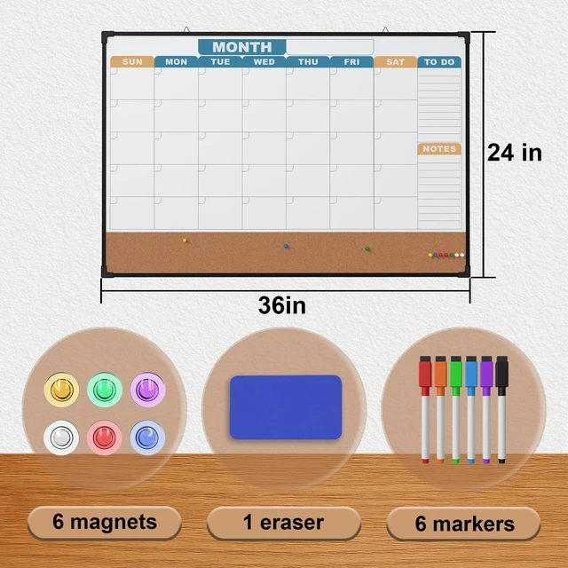 Alt view image 5 of 7 - Monthly Calendar Dry Erase Board 36x24 Inch, Double-Sided Whiteboard and Corkboard Combo with Black Aluminum Frame (Color Calendar), Wall Mounted Planner with Marker, Magnet, Push Pin, Eraser