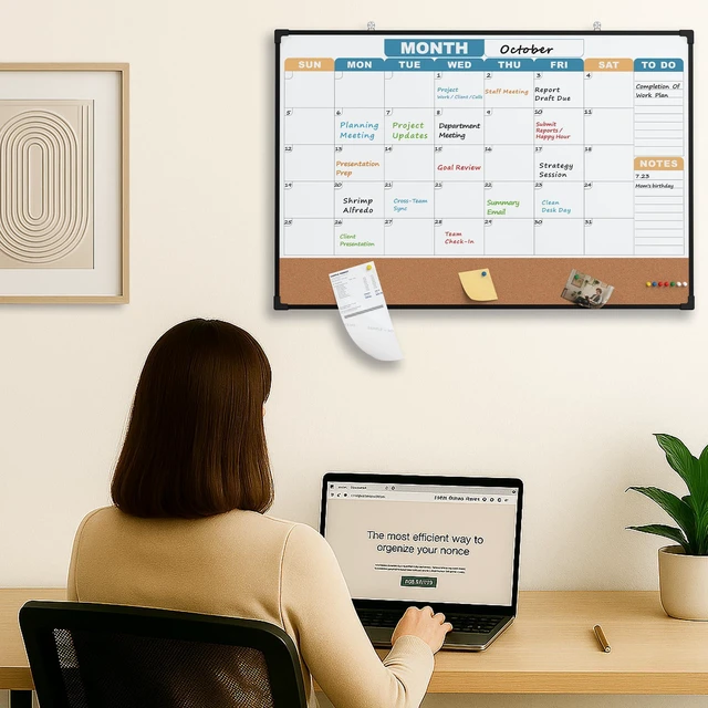 Alt view image 7 of 7 - Monthly Calendar Dry Erase Board 36x24 Inch, Double-Sided Whiteboard and Corkboard Combo with Black Aluminum Frame (Color Calendar), Wall Mounted Planner with Marker, Magnet, Push Pin, Eraser