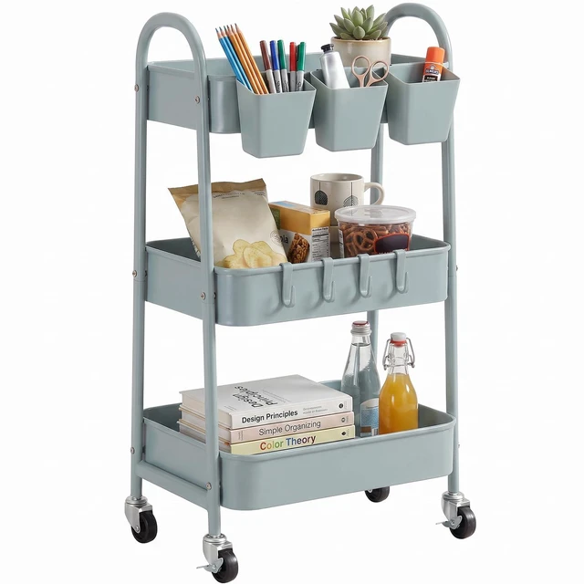 Main image of 3-Tier Rolling Cart, Utility Cart Mobile Metal Rolling Storage Cart with Lockable Wheels & Hanging Cups & Hooks for Kitchen, Bathroom, Office, Workshop, Gray Blue