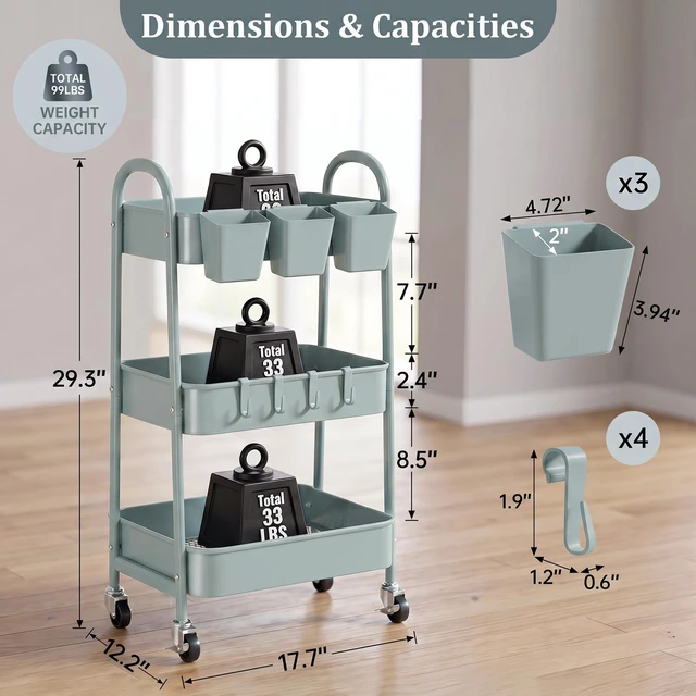 Alt view image 2 of 7 - 3-Tier Rolling Cart, Utility Cart Mobile Metal Rolling Storage Cart with Lockable Wheels & Hanging Cups & Hooks for Kitchen, Bathroom, Office, Workshop, Gray Blue