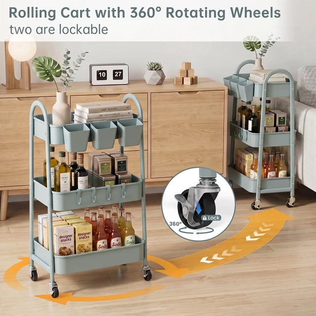Alt view image 3 of 7 - 3-Tier Rolling Cart, Utility Cart Mobile Metal Rolling Storage Cart with Lockable Wheels & Hanging Cups & Hooks for Kitchen, Bathroom, Office, Workshop, Gray Blue