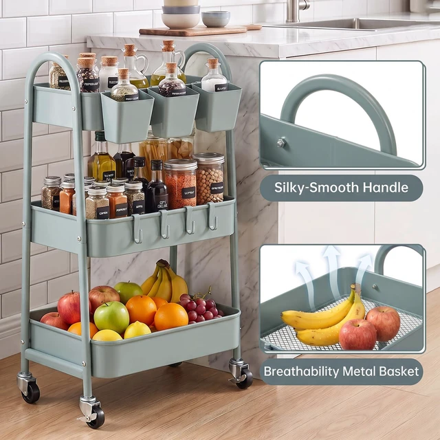 Alt view image 4 of 7 - 3-Tier Rolling Cart, Utility Cart Mobile Metal Rolling Storage Cart with Lockable Wheels & Hanging Cups & Hooks for Kitchen, Bathroom, Office, Workshop, Gray Blue