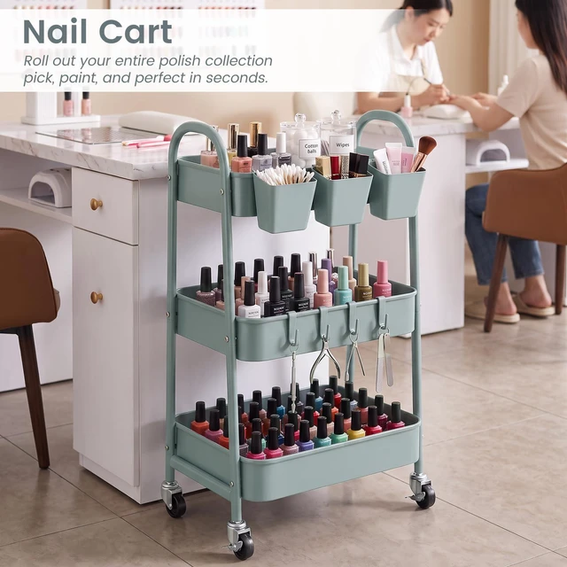 Alt view image 5 of 7 - 3-Tier Rolling Cart, Utility Cart Mobile Metal Rolling Storage Cart with Lockable Wheels & Hanging Cups & Hooks for Kitchen, Bathroom, Office, Workshop, Gray Blue