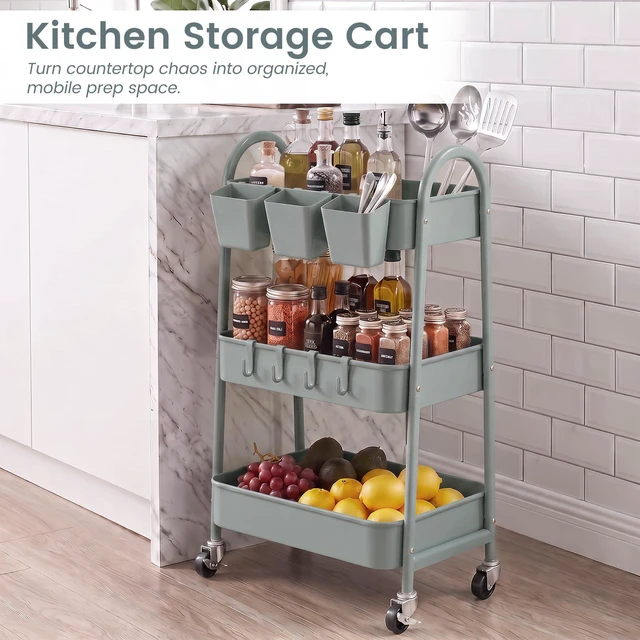 Alt view image 6 of 7 - 3-Tier Rolling Cart, Utility Cart Mobile Metal Rolling Storage Cart with Lockable Wheels & Hanging Cups & Hooks for Kitchen, Bathroom, Office, Workshop, Gray Blue