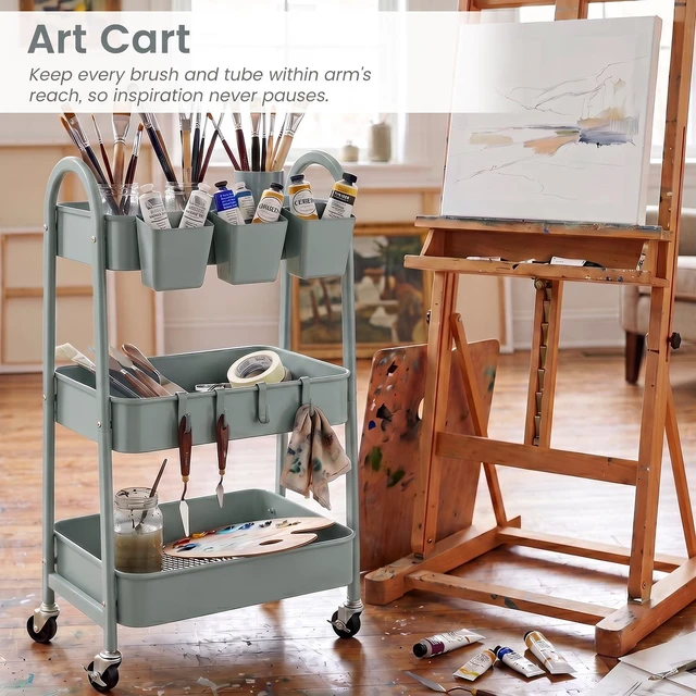 Alt view image 7 of 7 - 3-Tier Rolling Cart, Utility Cart Mobile Metal Rolling Storage Cart with Lockable Wheels & Hanging Cups & Hooks for Kitchen, Bathroom, Office, Workshop, Gray Blue