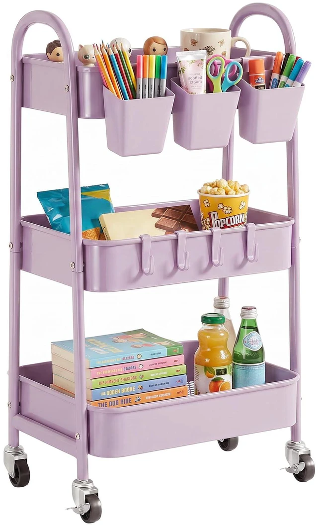 Main image of 3-Tier Rolling Cart, Utility Cart Mobile Metal Rolling Storage Cart with Lockable Wheels & Hanging Cups & Hooks for Kitchen, Bathroom, Office, Workshop, Purple