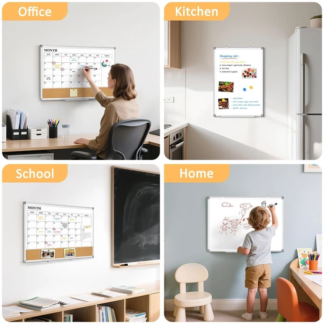 Alt view image 2 of 7 - Monthly Dry Erase Calendar Whiteboard with Cork Board, 24" x 18", Silver Magnetic, White Board Cork Board Combo, Double Sided, Wall Mounted, Aluminum Frame, for Home, Office, Kitchen, Dorm