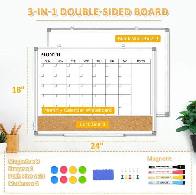 Alt view image 3 of 7 - Monthly Dry Erase Calendar Whiteboard with Cork Board, 24" x 18", Silver Magnetic, White Board Cork Board Combo, Double Sided, Wall Mounted, Aluminum Frame, for Home, Office, Kitchen, Dorm