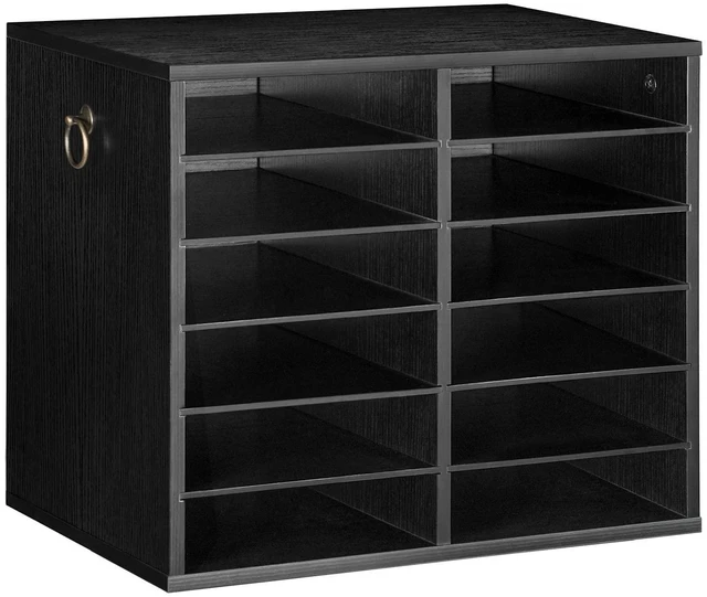 Main image of Literature Organizers, 12 Compartments Office Mailbox with Adjustable Shelves, Wood Countertop Literature Sorter for Office, Home, Classroom, Mailrooms Organization Black BK12WF01