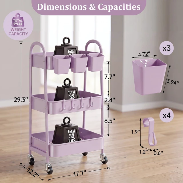 Alt view image 2 of 7 - 3-Tier Rolling Cart, Utility Cart Mobile Metal Rolling Storage Cart with Lockable Wheels & Hanging Cups & Hooks for Kitchen, Bathroom, Office, Workshop, Purple