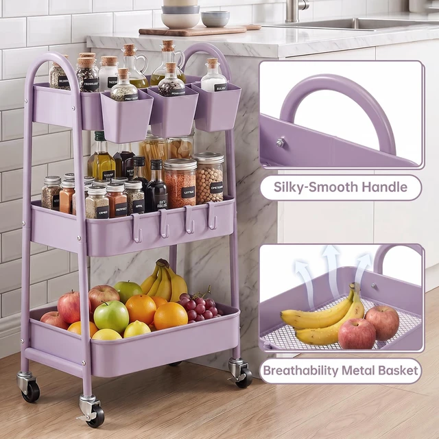 Alt view image 3 of 7 - 3-Tier Rolling Cart, Utility Cart Mobile Metal Rolling Storage Cart with Lockable Wheels & Hanging Cups & Hooks for Kitchen, Bathroom, Office, Workshop, Purple