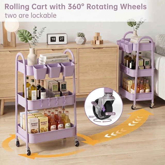 Alt view image 4 of 7 - 3-Tier Rolling Cart, Utility Cart Mobile Metal Rolling Storage Cart with Lockable Wheels & Hanging Cups & Hooks for Kitchen, Bathroom, Office, Workshop, Purple