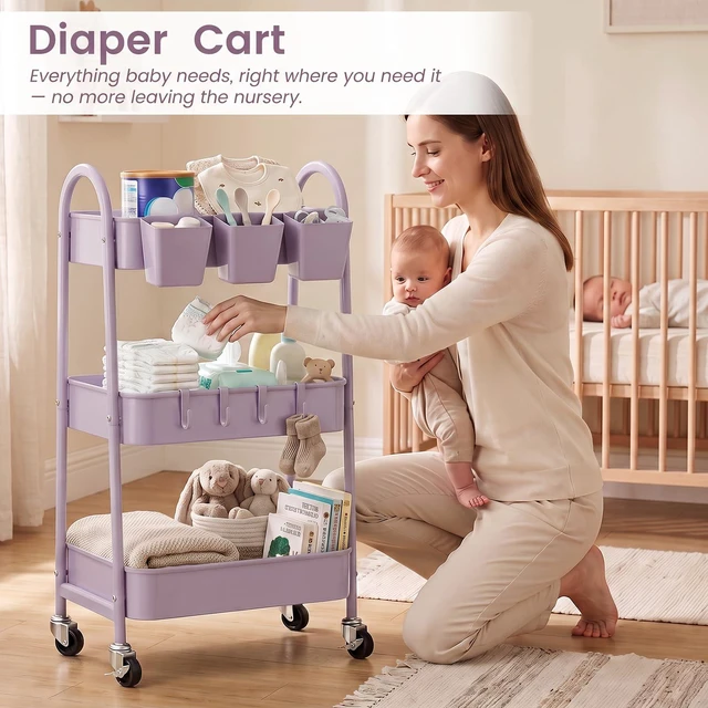 Alt view image 5 of 7 - 3-Tier Rolling Cart, Utility Cart Mobile Metal Rolling Storage Cart with Lockable Wheels & Hanging Cups & Hooks for Kitchen, Bathroom, Office, Workshop, Purple