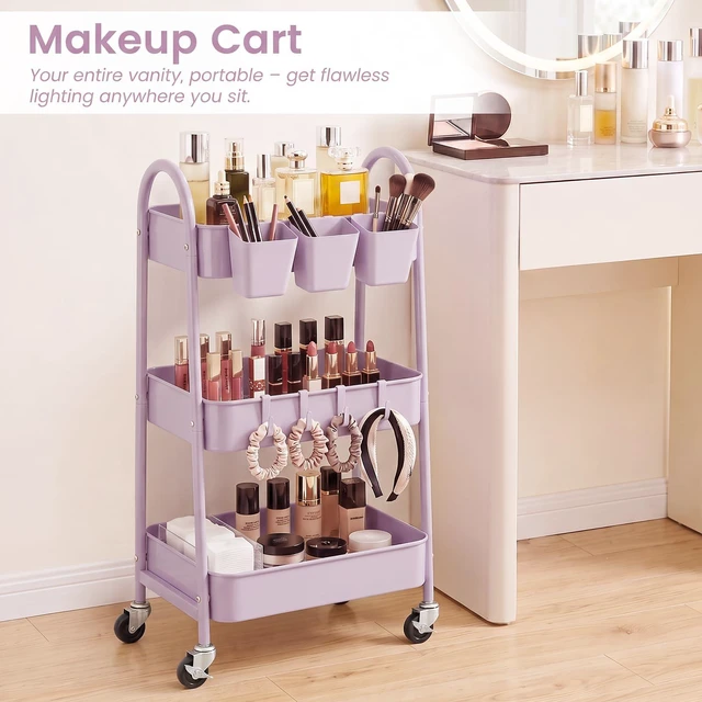 Alt view image 6 of 7 - 3-Tier Rolling Cart, Utility Cart Mobile Metal Rolling Storage Cart with Lockable Wheels & Hanging Cups & Hooks for Kitchen, Bathroom, Office, Workshop, Purple