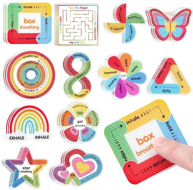Main image of 36 Pcs Sensory Stickers with Different Textures for Calming Anxiety Colorful Box Breathing, Mindfulness, Texture Mental Health Fidget Strips, Anxiety Relief Items for Classroom Therapy Office