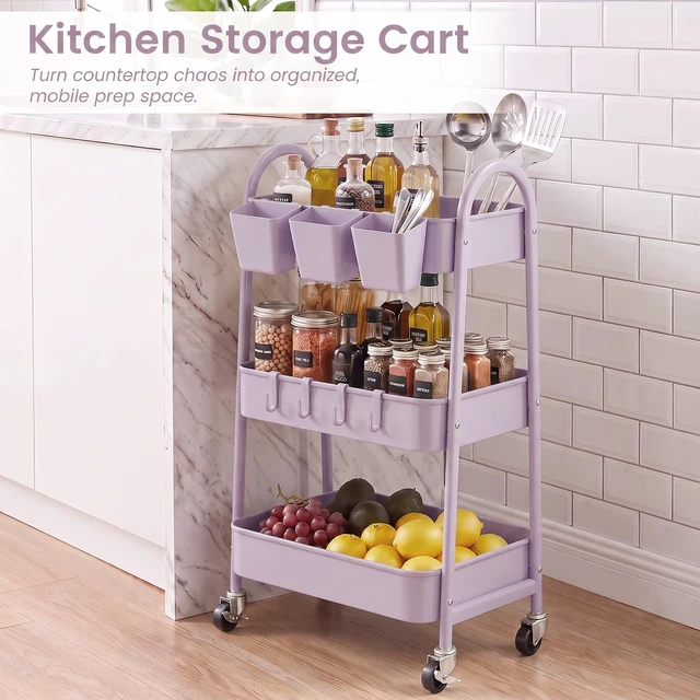 Alt view image 7 of 7 - 3-Tier Rolling Cart, Utility Cart Mobile Metal Rolling Storage Cart with Lockable Wheels & Hanging Cups & Hooks for Kitchen, Bathroom, Office, Workshop, Purple