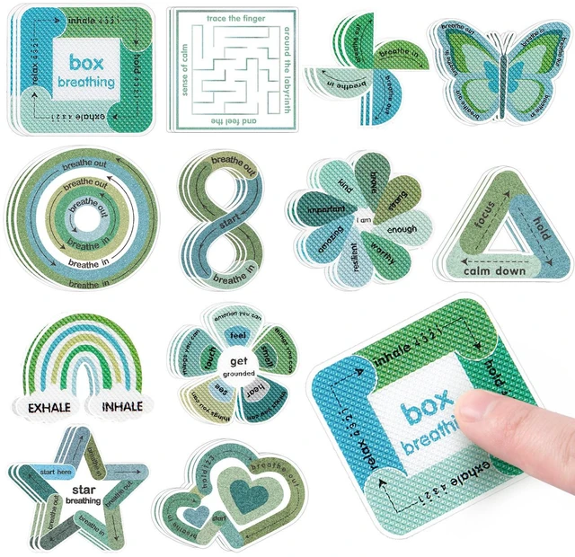 Main image of 36 Pcs Sensory Stickers with Different Textures for Calming Anxiety Green Box Breathing, Mindfulness, Texture Mental Health Fidget Strips, Anxiety Relief Items for Classroom Therapy Office