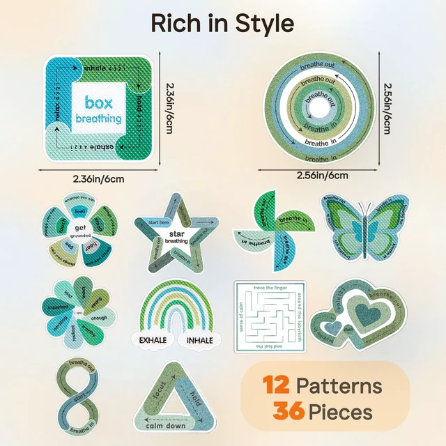 Alt view image 6 of 7 - 36 Pcs Sensory Stickers with Different Textures for Calming Anxiety Green Box Breathing, Mindfulness, Texture Mental Health Fidget Strips, Anxiety Relief Items for Classroom Therapy Office