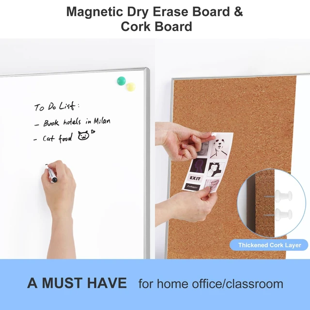 Alt view image 2 of 7 - Cork Board White Board Combo 24"x18" Bulletin Board, Magnetic Dry Erase Board & Corkboard for Wall, Vision Board for Home, Office, School, Silver Frame